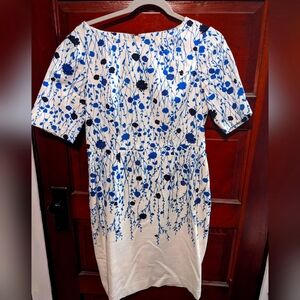 Boden White Midi Dress with Blue Floral Vine Print